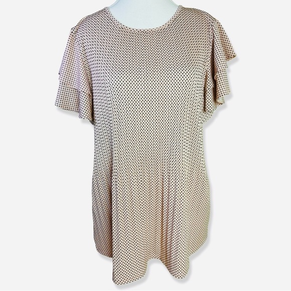 ⭐️ADRIANA PAPELL Pleated Pink and Black Polka Dot Flutter Sleeve Top - Picture 2 of 7